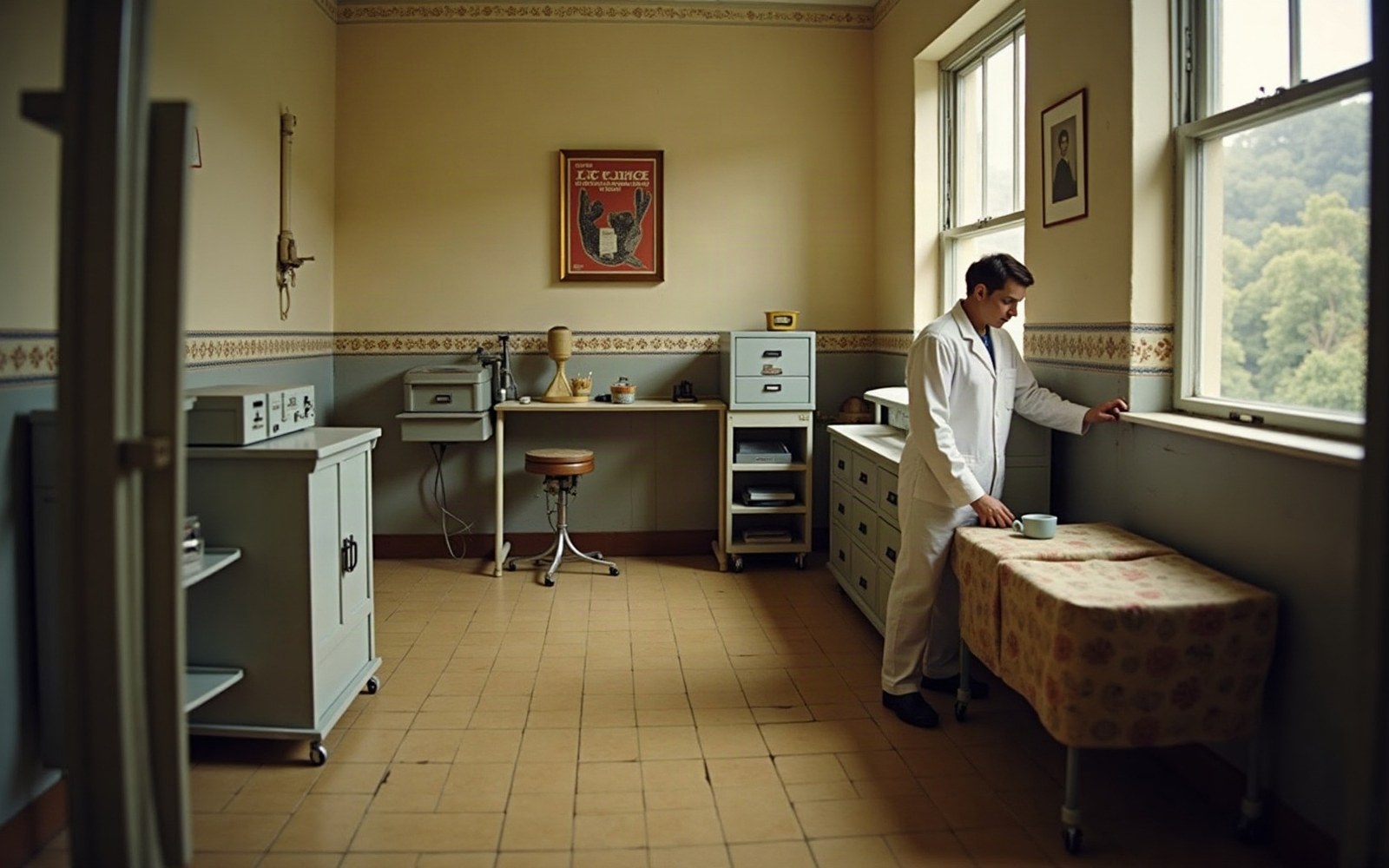 A wall of wax-bath and short-wave diathermy apparatus in a period treatment room, adult figure visible at the right edge — landscape
