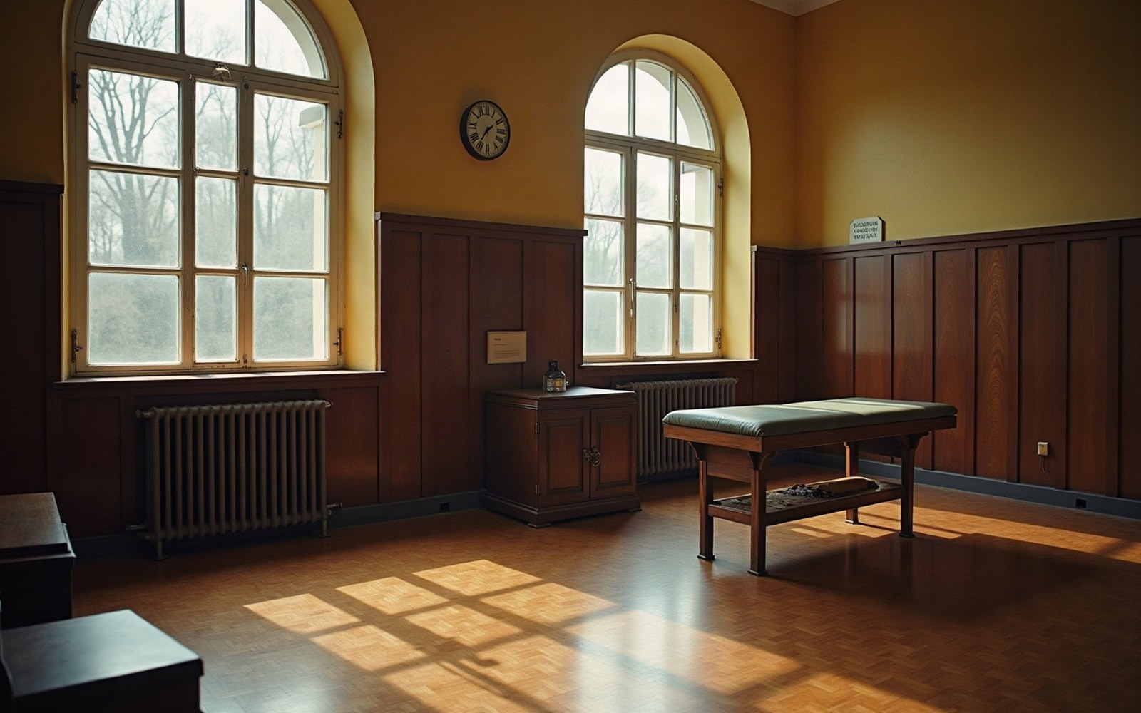 Sunlit wood-paneled room with arched windows, a wall clock and a padded treatment table