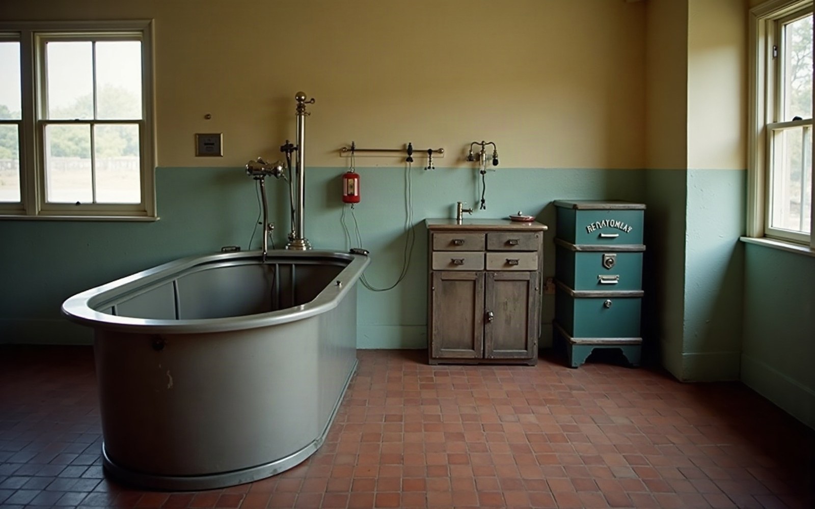 A metal Hubbard tank sits beside wooden cabinets in a tiled institutional bathroom