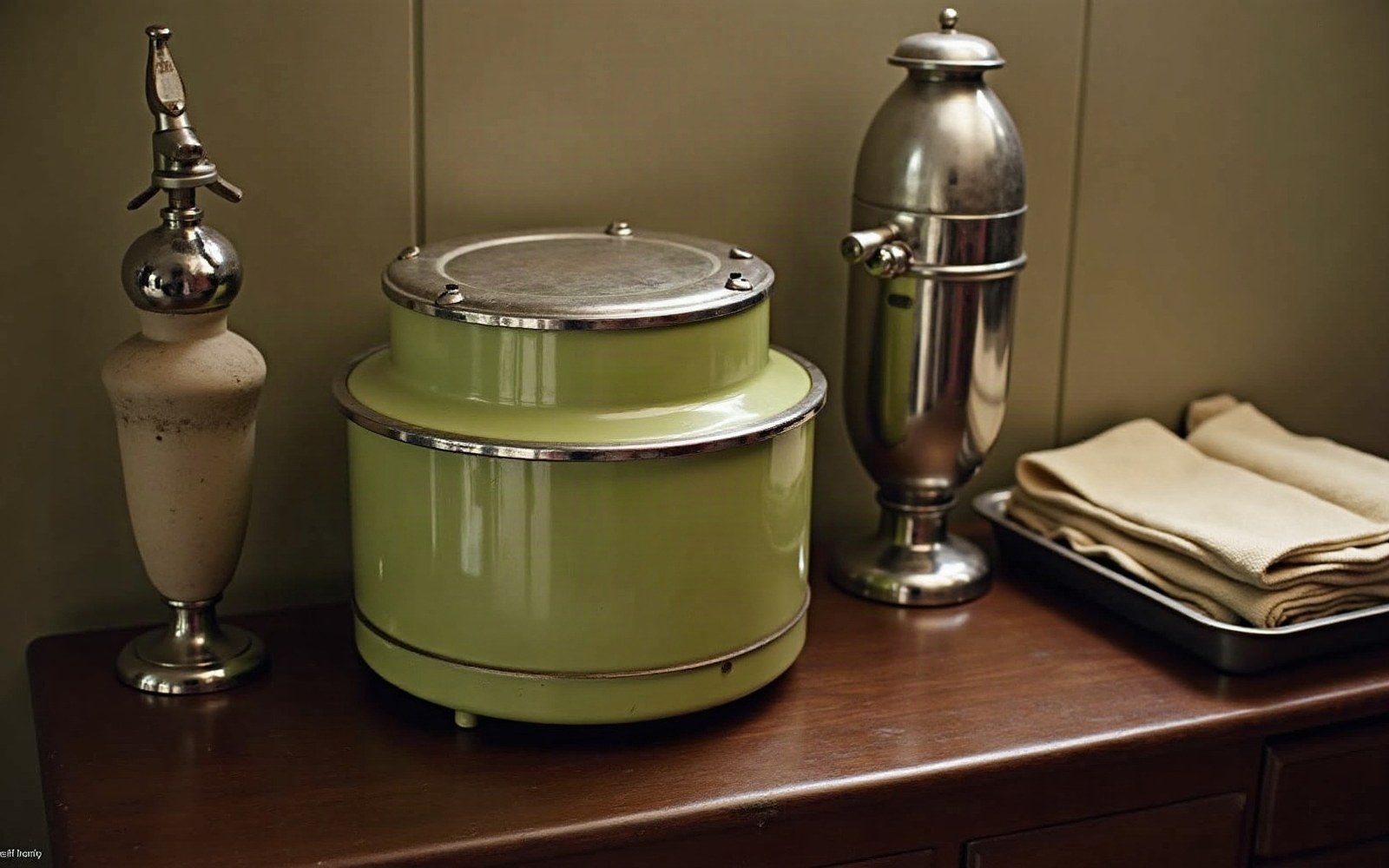 A vintage green wax bath sits between metal seltzer bottles on a wooden cabinet